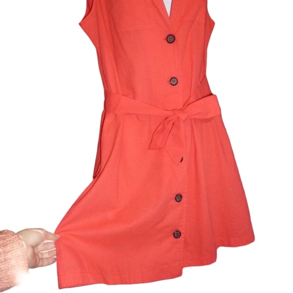 V-Neck Collared Dress, Sleeveless, Short Poppy Coral, W/Belt, Buttons Pockets, L - Picture 5 of 9